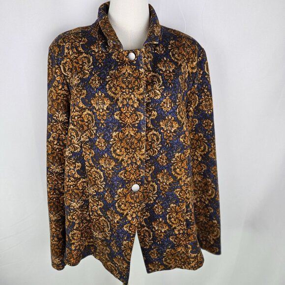 Logo By Lori Goldstein Blazer XL Baroque Print Ponte Knit Navy Gold - Picture 5 of 13